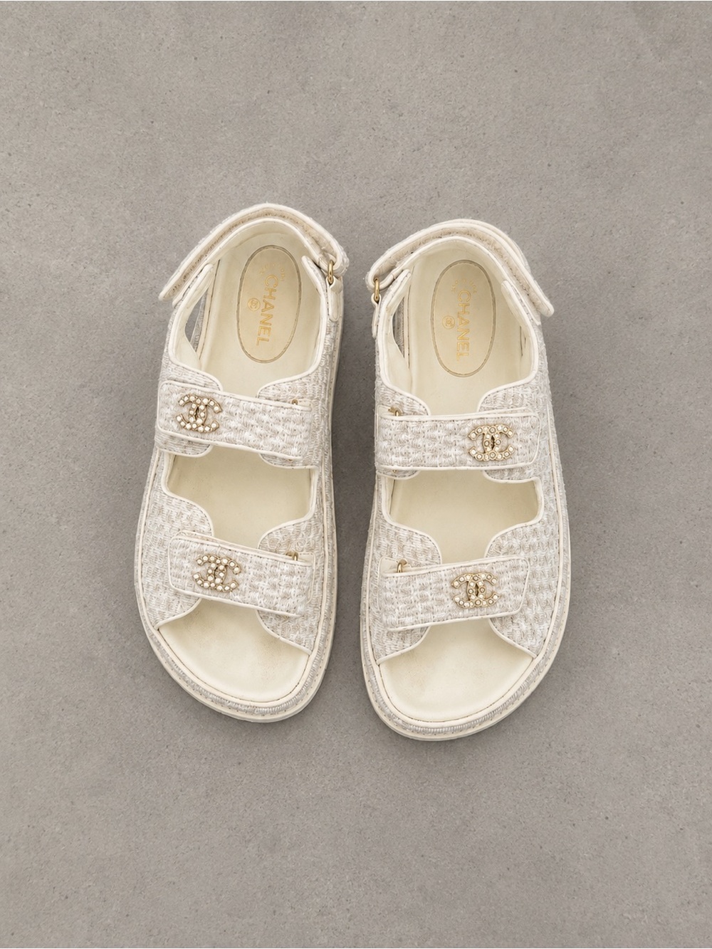 CHANEL Ivory / Cream Pearl-Embellished CC-Strap Dad Sandals